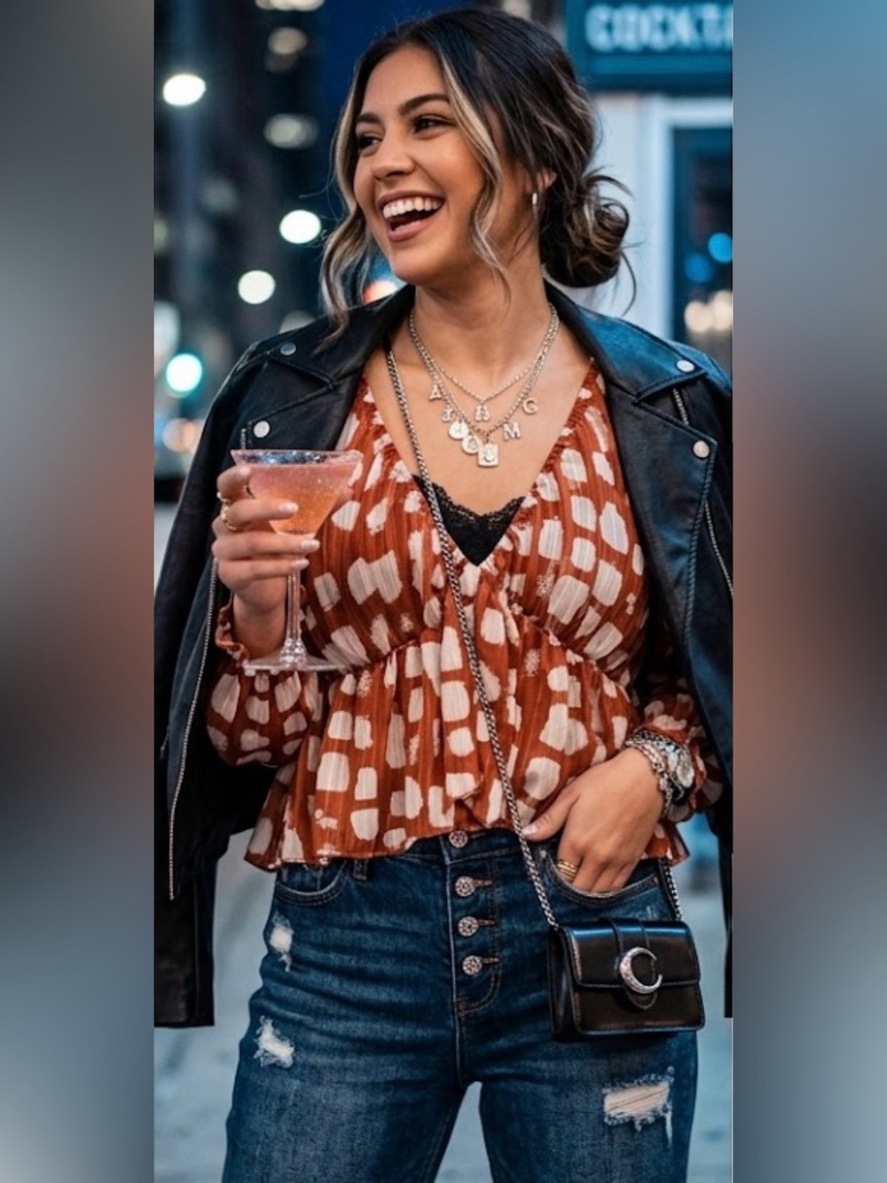 BUCKETLIST Rust and White Abstract Dot Peplum V-Neck Top